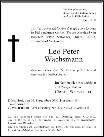 Traueranzeige von Leo Peter Wachsmann von Rheinische Post