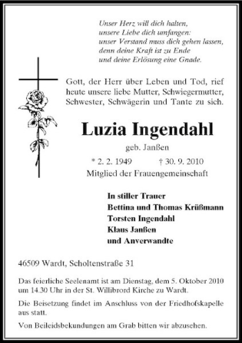 Traueranzeige von Luzia Ingendahl von Rheinische Post