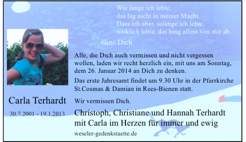  Traueranzeige für Carla Terhardt vom 23.01.2014 aus Rheinische Post