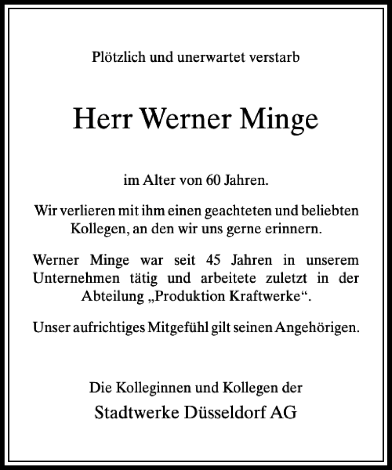  Traueranzeige für Werner Minge vom 25.01.2014 aus Rheinische Post