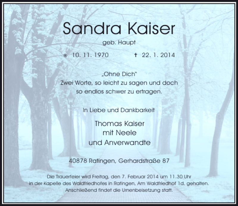  Traueranzeige für Sandra Kaiser vom 01.02.2014 aus Rheinische Post
