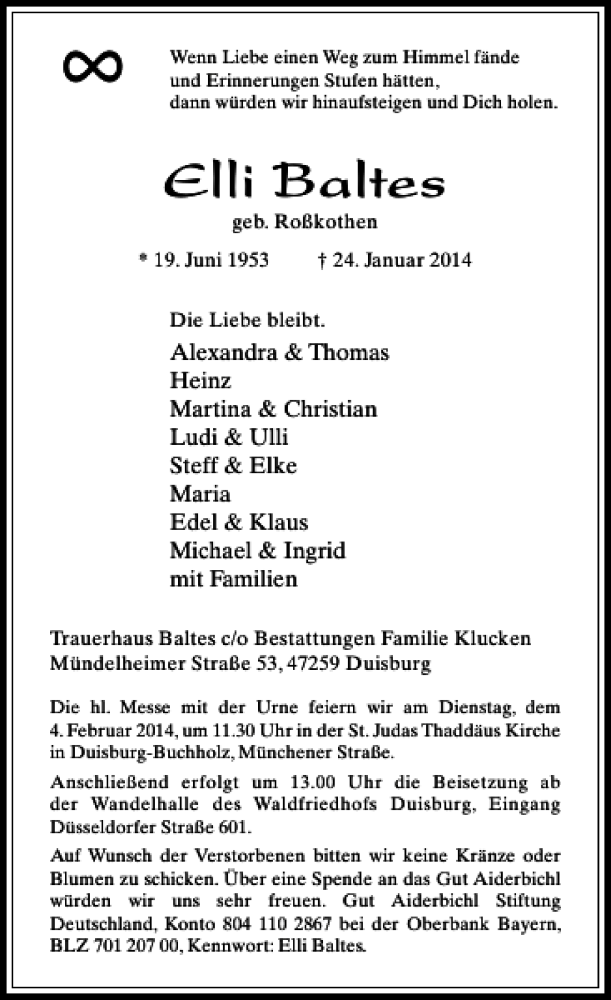  Traueranzeige für Baltes Elli vom 01.02.2014 aus Rheinische Post