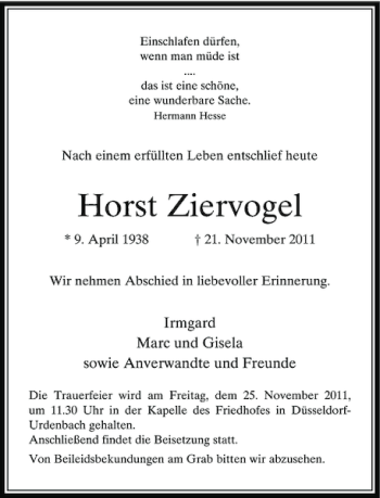 Traueranzeige von Horst Ziervogel von Rheinische Post