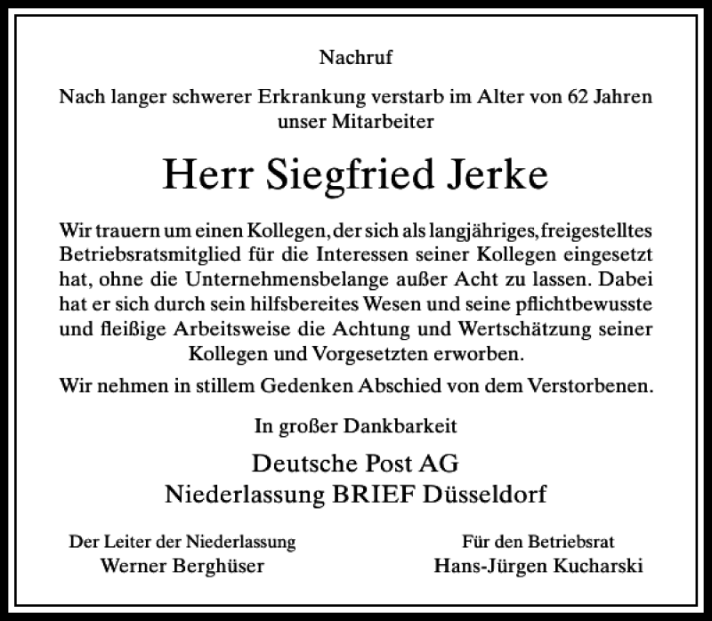  Traueranzeige für Siegfried Jerke vom 06.02.2014 aus Rheinische Post