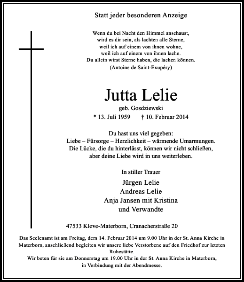  Traueranzeige für Jutta Lelie geb. Gosdziewski vom 12.02.2014 aus Rheinische Post