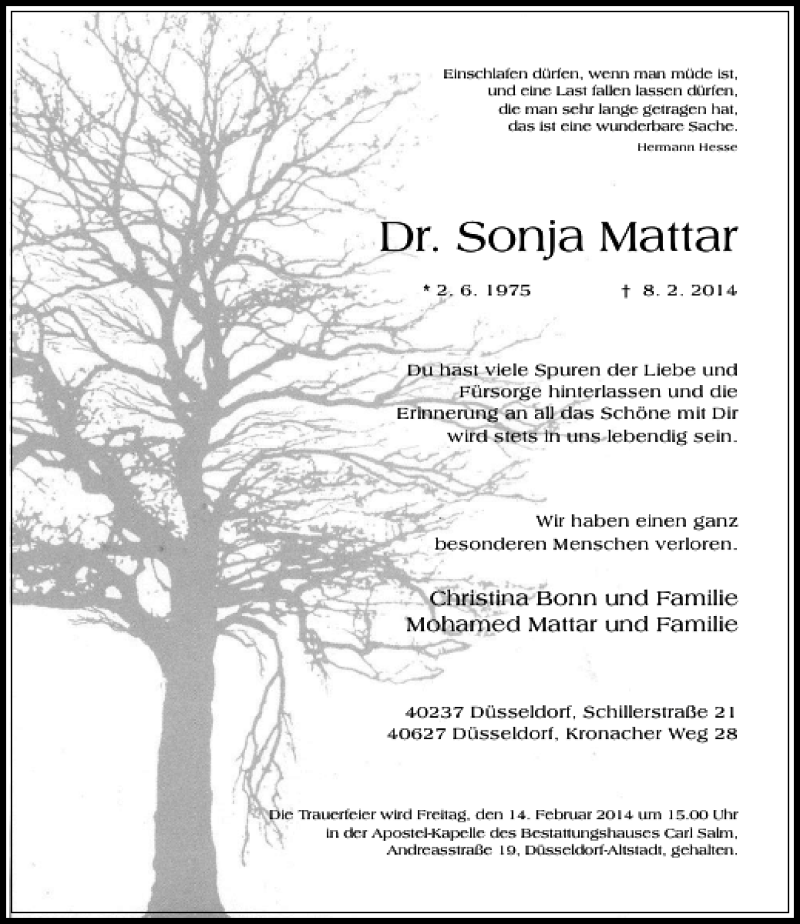  Traueranzeige für Dr. Sonja Mattar vom 13.02.2014 aus Rheinische Post