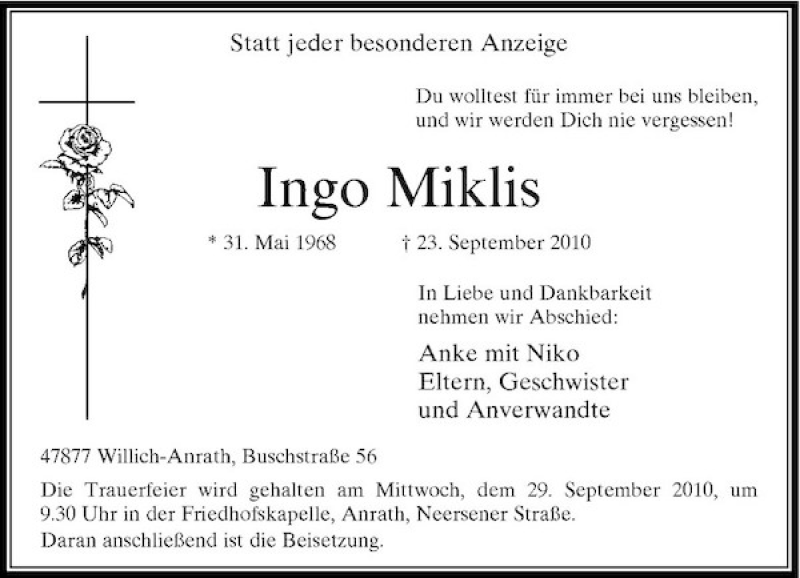  Traueranzeige für Ingo Miklis vom 25.09.2010 aus Rheinische Post