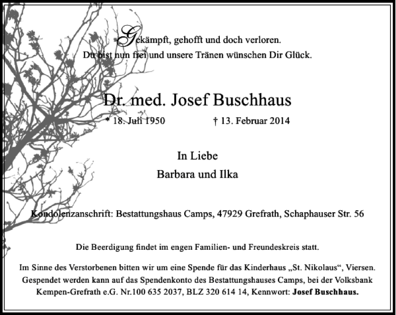  Traueranzeige für Josef Buschhaus vom 15.02.2014 aus Rheinische Post