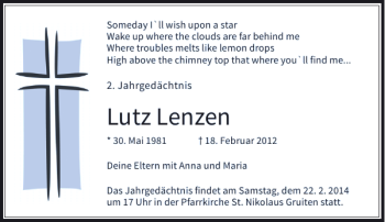 Traueranzeige von Lutz Lenzen von Rheinische Post