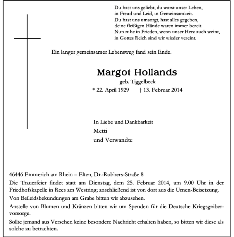  Traueranzeige für Margot H Hollands vom 19.02.2014 aus Rheinische Post