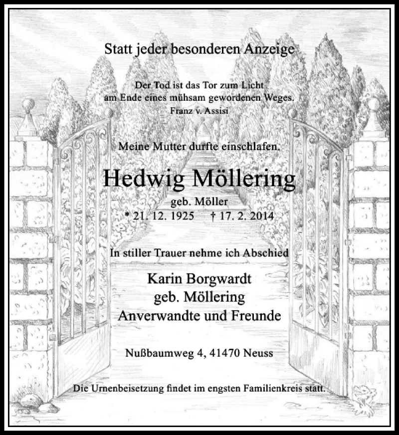  Traueranzeige für Hedwig Möllering vom 22.02.2014 aus Rheinische Post