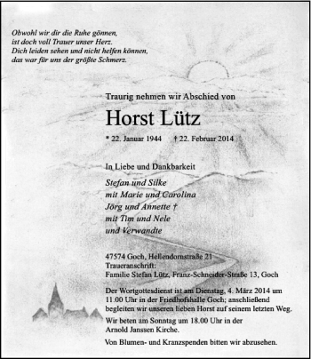Traueranzeige von Horst Lütz von Rheinische Post