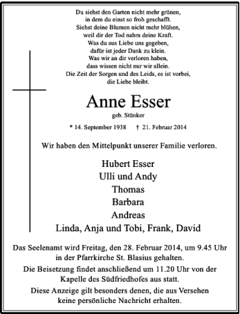 Alle Traueranzeigen für Anne Esser | trauer.rp-online.de