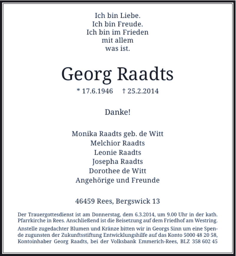  Traueranzeige für Georg Raadts vom 01.03.2014 aus Rheinische Post