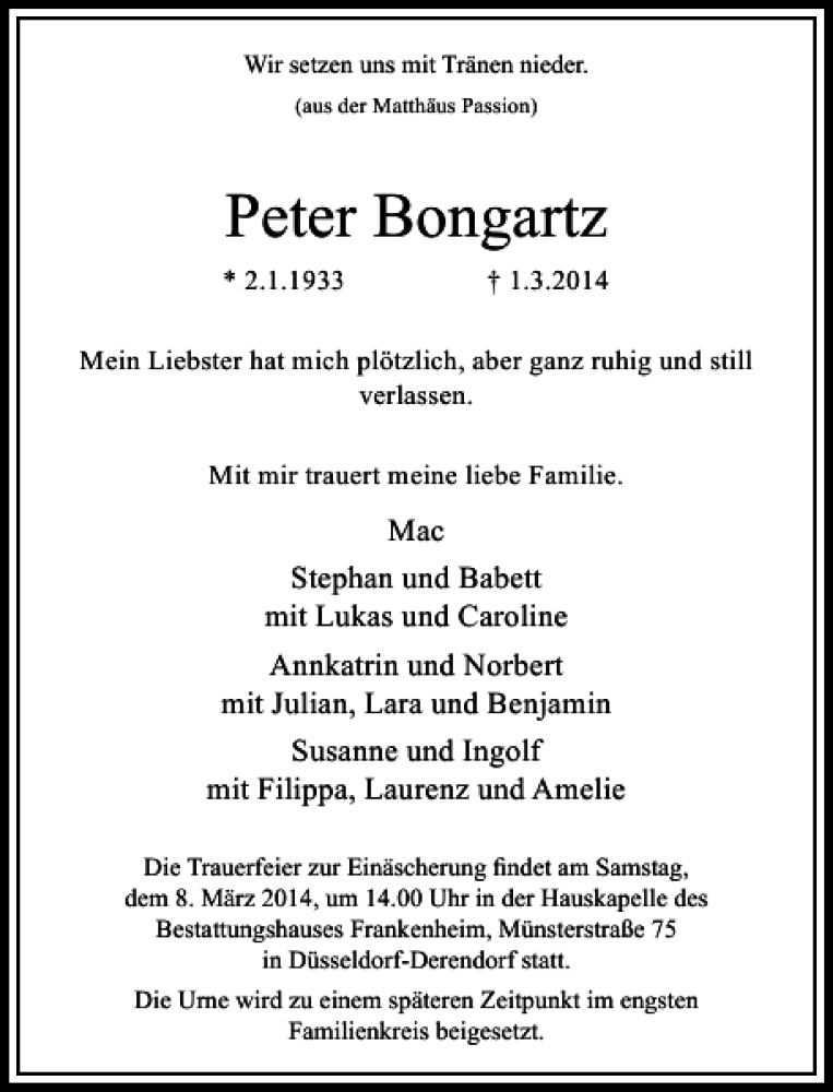 Alle Traueranzeigen Fur Peter Bongartz Trauer Rp Online De