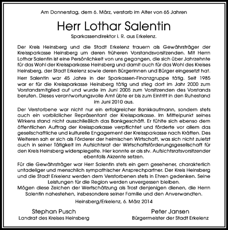  Traueranzeige für Lothar Salentin vom 08.03.2014 aus Rheinische Post