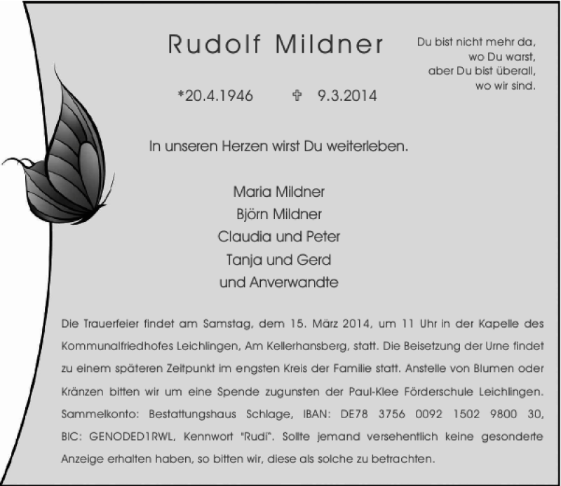  Traueranzeige für Rudolf Mildner vom 12.03.2014 aus Rheinische Post