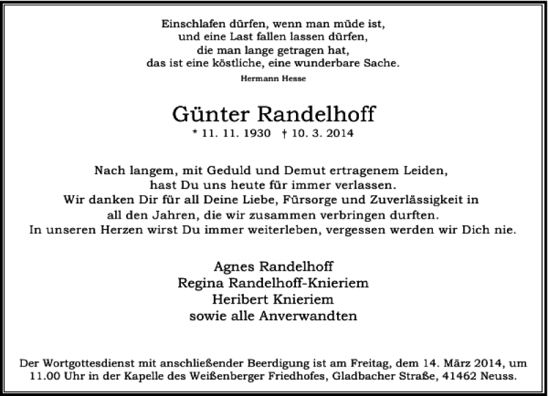  Traueranzeige für Günter Randelhoff vom 12.03.2014 aus Rheinische Post