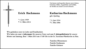 Traueranzeige von Hachmann Erich von Rheinische Post