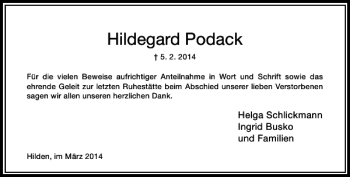 Traueranzeige von Hildegard Podack von Rheinische Post