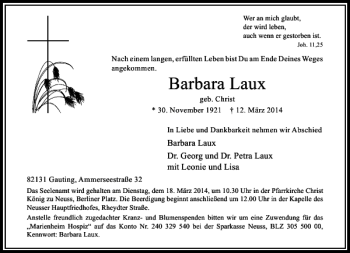 Traueranzeige von Barbara Laux geb. Christ von Rheinische Post