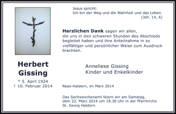 Traueranzeige von Herbert Gissing von Rheinische Post
