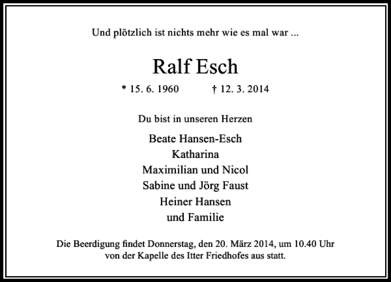  Traueranzeige für Ralf Esch vom 15.03.2014 aus Rheinische Post