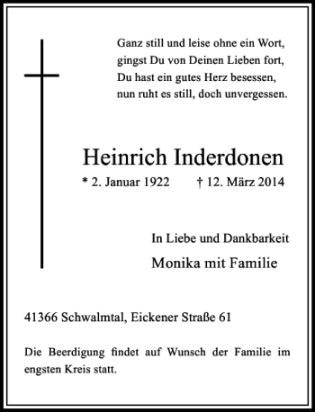 Traueranzeige von Heinrich Inderdonen von Rheinische Post