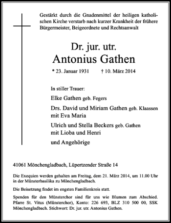 Traueranzeige von Dr. jur. utr. Antonius Gathen von Rheinische Post