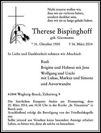 Traueranzeige von Therese Bispinghoff von Rheinische Post
