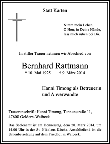 Traueranzeige von Bernhard Rattmann von Rheinische Post