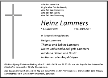 Traueranzeige von Heinz Lammers von Rheinische Post