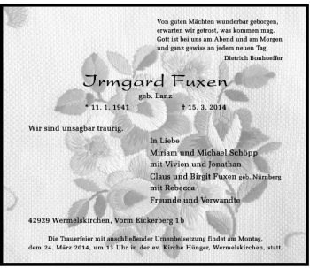 Traueranzeige von Irmgard Fuxen von Rheinische Post