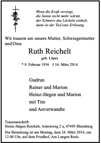 Traueranzeige von Ruth Reichelt von Rheinische Post