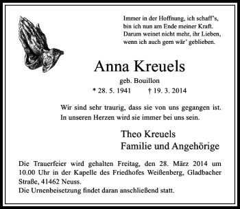 Traueranzeige von Anna Kreuels von Rheinische Post
