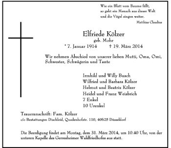 Traueranzeige von Elfriede Kölzer von Rheinische Post