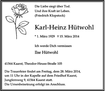 Traueranzeige von Karl-Heinz Hütwohl von Rheinische Post