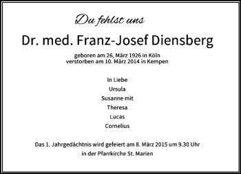 Traueranzeige von med. Franz-Josef Diensberg Dr. von Rheinische Post
