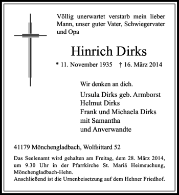 Traueranzeige von Hinrich Dirks von Rheinische Post