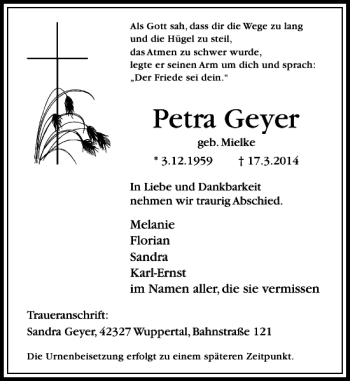 Traueranzeige von Petra Geyer von Rheinische Post