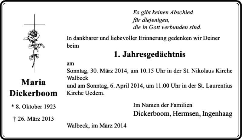  Traueranzeige für Maria Dickerboom vom 29.03.2014 aus Rheinische Post
