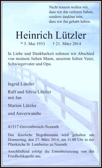Traueranzeige von Heinrich Lützler von Rheinische Post