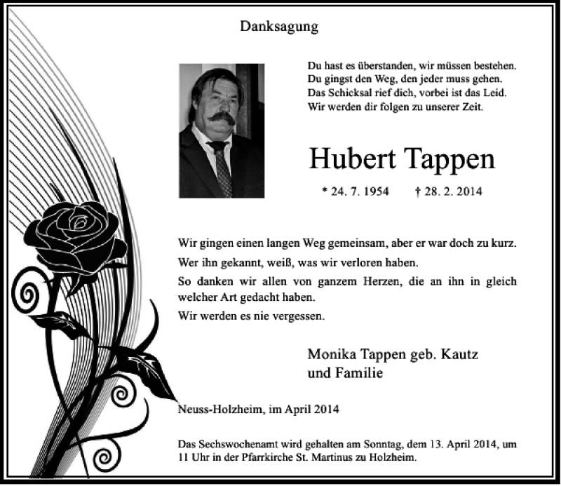  Traueranzeige für Hubert Tappen vom 05.04.2014 aus Rheinische Post