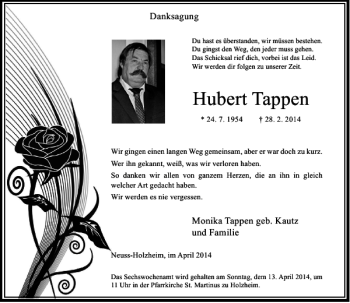 Traueranzeige von Hubert Tappen von Rheinische Post
