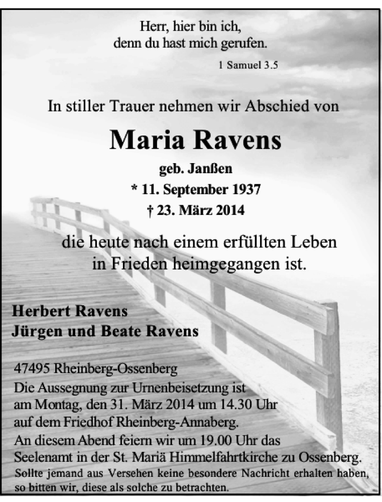  Traueranzeige für Ravens Maria vom 26.03.2014 aus Rheinische Post