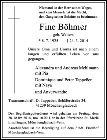 Traueranzeige von Fine Böhmer geb. Welters von Rheinische Post
