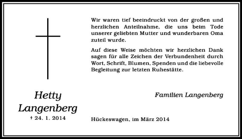  Traueranzeige für Hetty Langenberg vom 29.03.2014 aus Rheinische Post