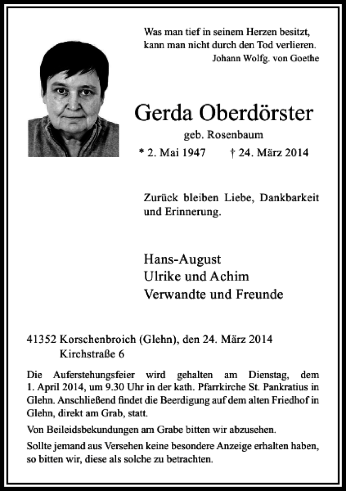  Traueranzeige für Gerda Oberdörster vom 29.03.2014 aus Rheinische Post