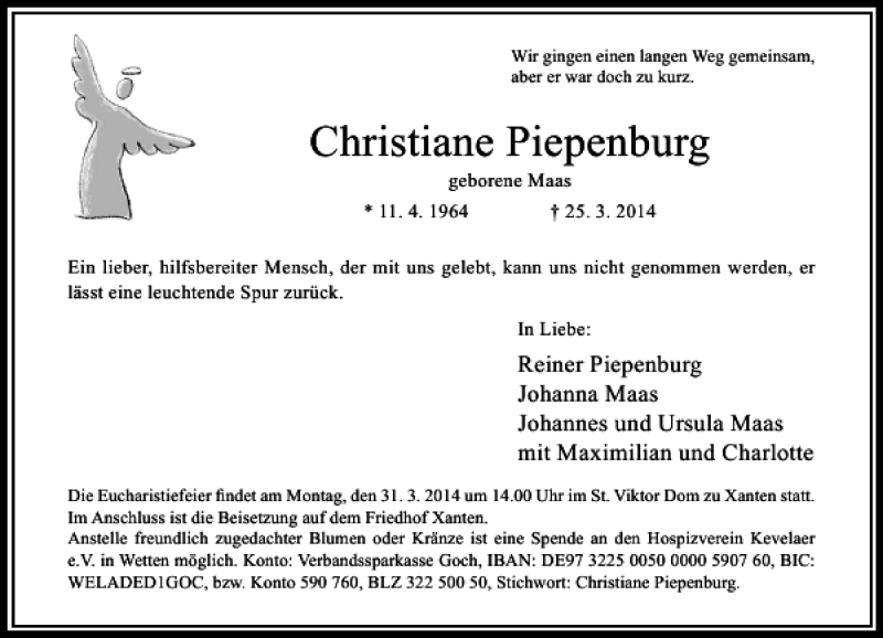  Traueranzeige für Christiane Piepenburg vom 28.03.2014 aus Rheinische Post