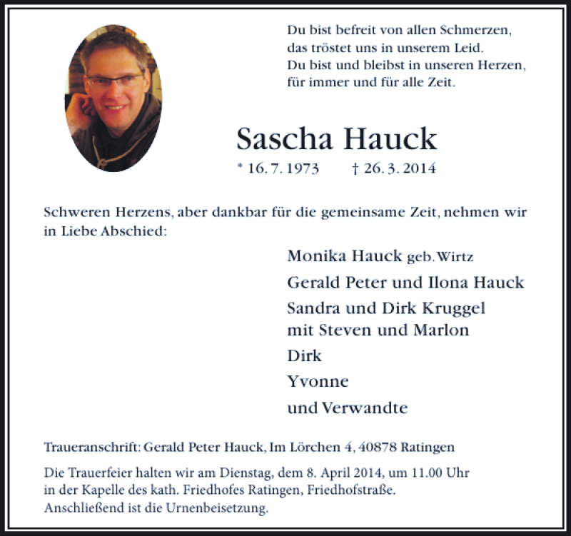  Traueranzeige für Sascha Hauck vom 29.03.2014 aus Rheinische Post